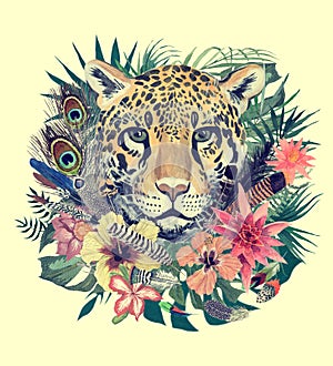 Watercolor hand drawn illustration with leopard head, flowers, leaves, feathers.