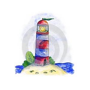 Watercolor hand drawn illustration with a lighthouse isolated on white background.