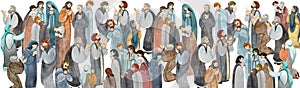 Watercolor hand-drawn illustration of a meeting of praying people, the apostles in prayer, thanksgiving to the Lord