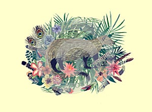 Watercolor hand drawn illustration with mongoose, flowers, leaves, feathers.