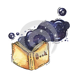 Watercolor hand drawn illustration of an open yellow book with space cosmic clouds out of it