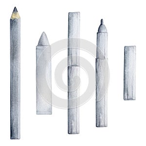 Watercolor hand drawn illustration, painting materials supplies, white and gray marker, pencil, crayon, pastel stick