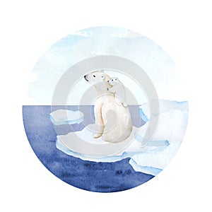 Watercolor hand drawn illustration of polar white bear. Animal mother baby cub kid, nordic north pole endangered species