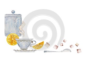 Watercolor hand drawn illustration. Porcelain tea storage jar and cup on saucer, spoon, lemon slices. Isolated on white