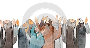 Watercolor hand drawn illustration of praying people, apostles in prayer, thanksgiving to the Lord.