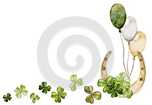 Watercolor hand drawn illustration, Saint Patrick holiday. Green lucky clover shamrock leaves, gold horseshoe. Ireland