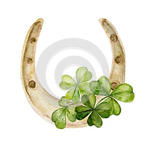 Watercolor hand drawn illustration, Saint Patrick holiday. Green lucky clover shamrock leaves, gold horseshoe. Ireland
