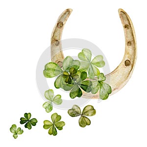 Watercolor hand drawn illustration, Saint Patrick holiday. Green lucky clover shamrock leaves, gold horseshoe. Ireland