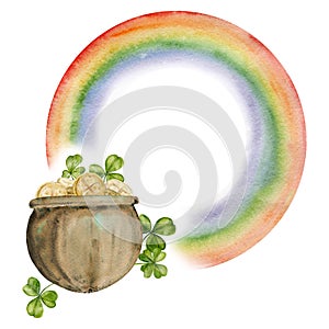 Watercolor hand drawn illustration, Saint Patrick holiday. Leprechaun pot, gold coins, rainbow, lucky clover. Ireland