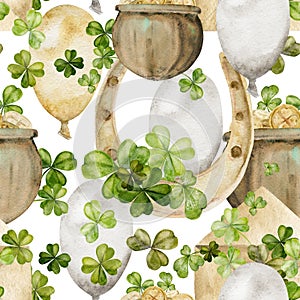 Watercolor hand drawn illustration, Saint Patrick holiday. Lucky clover, horseshoe, balloons pot gold. Ireland tradition