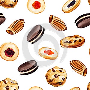 Watercolor hand drawn illustration seamless ramdom print with different kind of cookies isolated on white