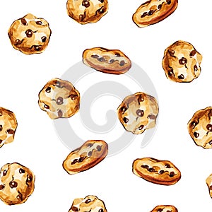 Watercolor hand drawn illustration seamless random print with american cookies with chocolate chips isolated on white