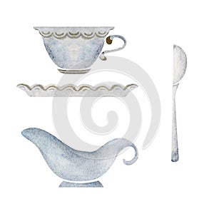 Watercolor hand drawn illustration. Tea cup, saucer, creamer of white and blue porcelain, spoon. Isolated object on