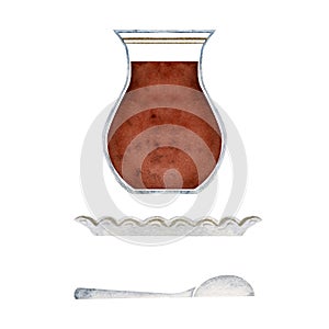 Watercolor hand drawn illustration. Turkish glass tea cup, porcelain saucer and spoon. Isolated set of objects on white