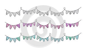 Watercolor hand-drawn illustration with white, blue and pink flags; happy birthday set; with white isolated background
