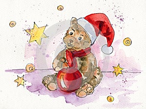 Watercolor hand drawn image of Christmas postcard with Teddy in Santa`s hat