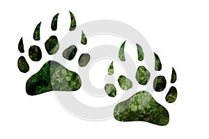 Watercolor hand drawn isolated on white background green aquarelle textured bear paws silhouettes