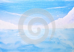 watercolor hand drawn landscape blue sea and sky with birds and cloud.