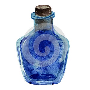 Watercolor hand drawn little blue bottle of glass with stopper.