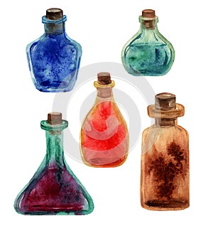 Watercolor hand-drawn little bottles of glass in different shapes and colors.