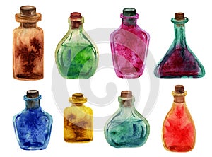 Watercolor hand drawn little bottles of glass in different shapes and colors. Template of bottles with magical elements