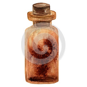 Watercolor hand-drawn little brown bottle of glass with stopper.