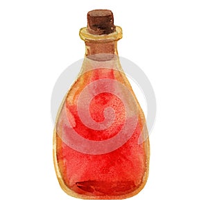 Watercolor hand drawn little red bottle of glass with stopper.