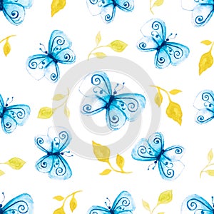 watercolor hand drawn magical fairy blue butterflies with leaves seamless pattern