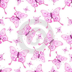 watercolor hand drawn magical fairy pink butterflies seamless pattern