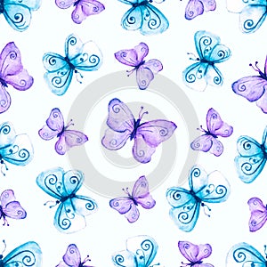 watercolor hand drawn magical fairy purple and blue butterflies seamless pattern