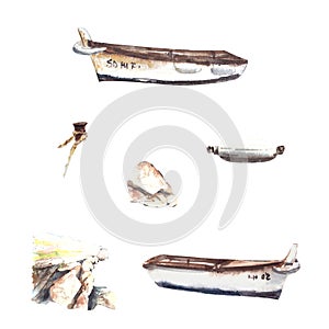 Watercolor hand-drawn maritime set illustration Fishing boats, stone pier, bollard, buoy. Isolated.