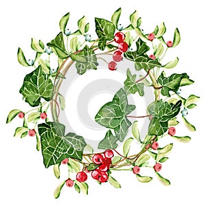 Watercolor hand drawn Merry Christmas decoration wreath with holly berry branches isolated on white background