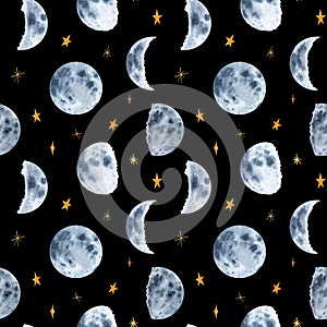Watercolor hand drawn moon phases and stars seamless pattern isolated on black background. Space print