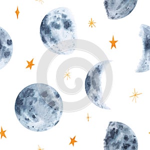 Watercolor hand drawn moon phases and stars seamless pattern isolated on white background. Space print