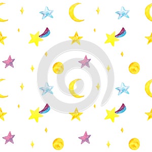 Watercolor hand drawn multi colored stars, moon and comets seamless pattern isolated on white background.