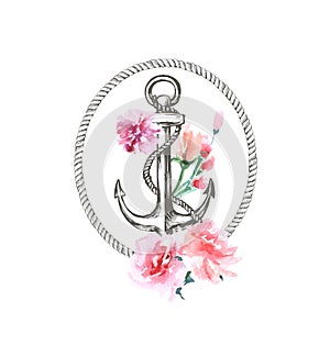 Watercolor hand drawn nautical, marine, floral illustration with anchor, rope and flower bouquet arrangement Vector