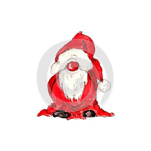Watercolor hand drawn Norwegian cute Santa gnome isolated on white