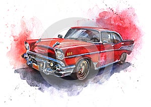 Watercolor hand-drawn old-fashioned red car