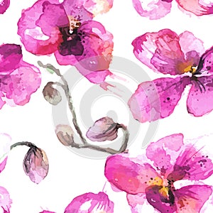 Watercolor hand-drawn orchid flowers seamless background photo