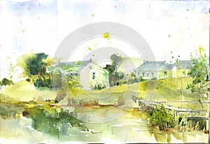 Watercolor hand drawn painting china house