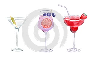 Watercolor hand drawn party cocktails set with fruits and alcohol isolated on white background