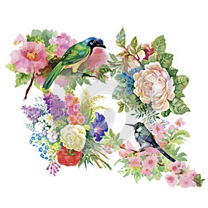 Watercolor hand drawn pattern with tropical summer flowers of and exotic birds