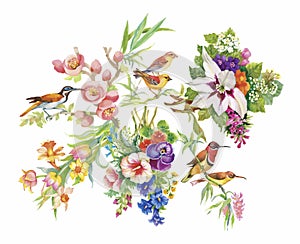 Watercolor hand drawn pattern with tropical summer flowers of and exotic birds