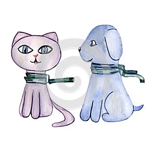 Watercolor hand drawn pink cat and blue dog. Cute illustration for design for children. Isolated elements on white