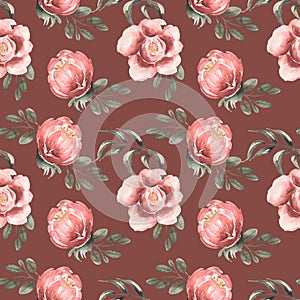 Watercolor hand drawn pink peony flowers seamless pattern, Florals repeat paper, red garden florals background. scrapbook paper