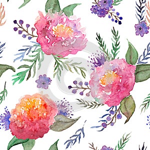 Watercolor hand drawn pink rose peony flowers and leaves floral composition bouquet seamless pattern art