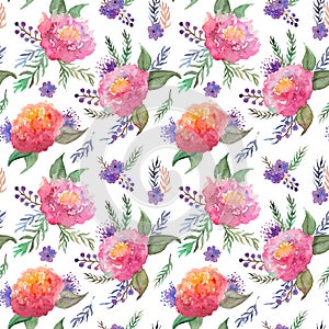 Watercolor hand drawn pink rose peony flowers and leaves floral composition bouquet seamless pattern art
