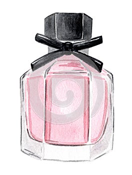 Watercolor hand drawn pink shaped perfume glass bottle with black bow isolated on white background