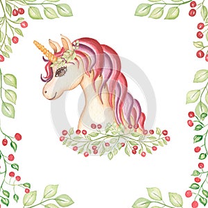 Watercolor hand drawn pink and violet unicorn card illustration with berrires, fairy tale animal creature, magical  clip art,