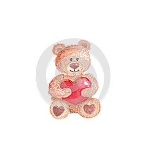 Watercolor hand drawn plush lovely bear with heart in hands isolaed on white background. Concept of love, happy vaentine`s day,